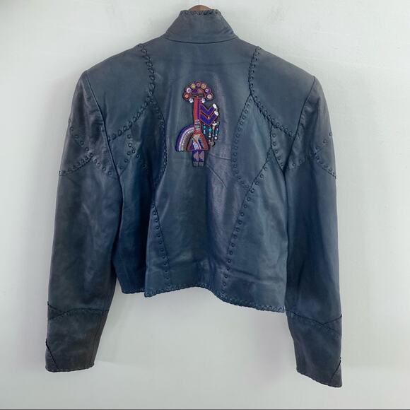 Gossamer Wings Navy Blue Vintage Leather Jacket Tank 2 Set Beaded Navajo Fringe - Picture 4 of 15